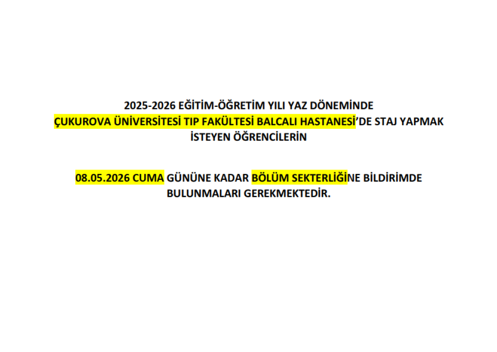 Balcalı Hastanesinde Staj Yapmak İsteyen Öğrencilerin Dikkatine