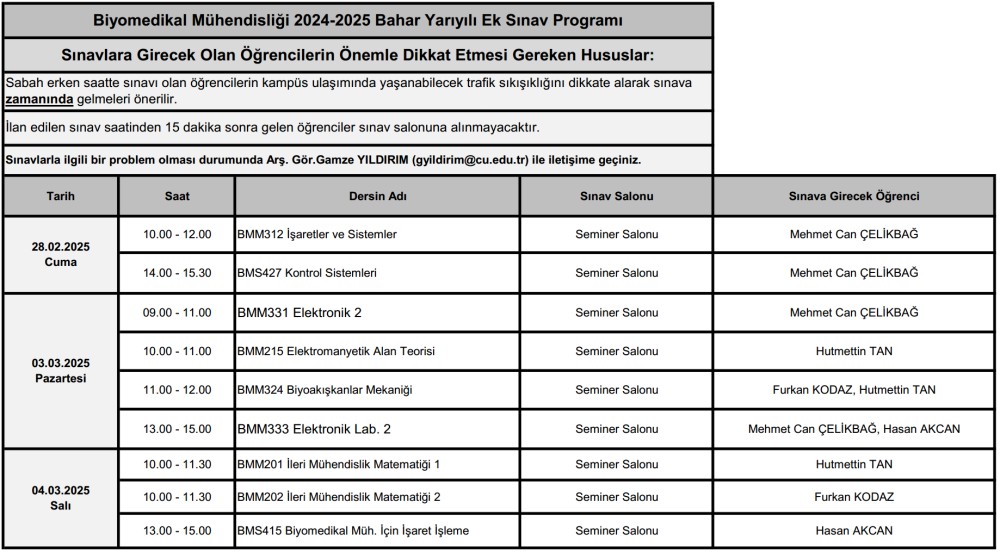 2025-25 Bahar Ek Sınav Programı