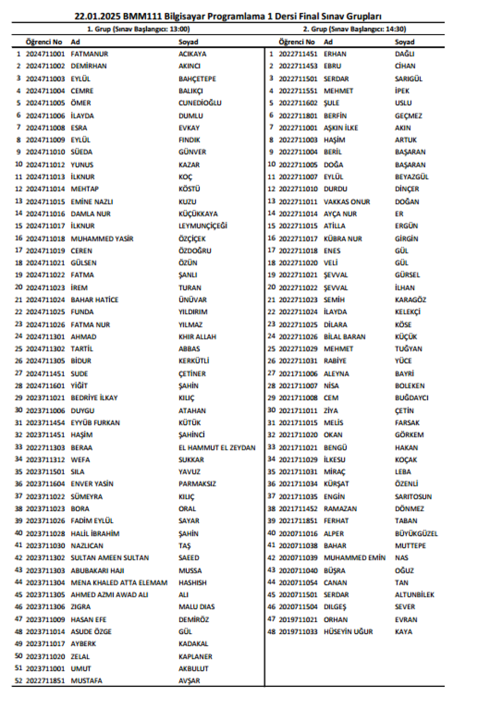 BMM111 Bilgisayar Programlama Final Grupları