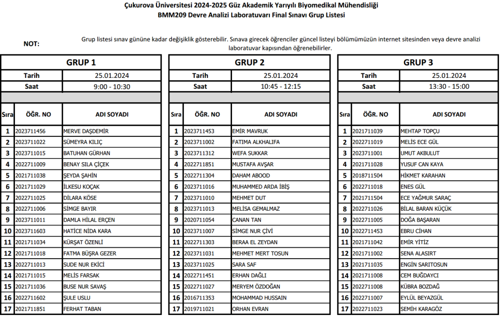 BMM209 Devre Analizi Lab. Final Grupları