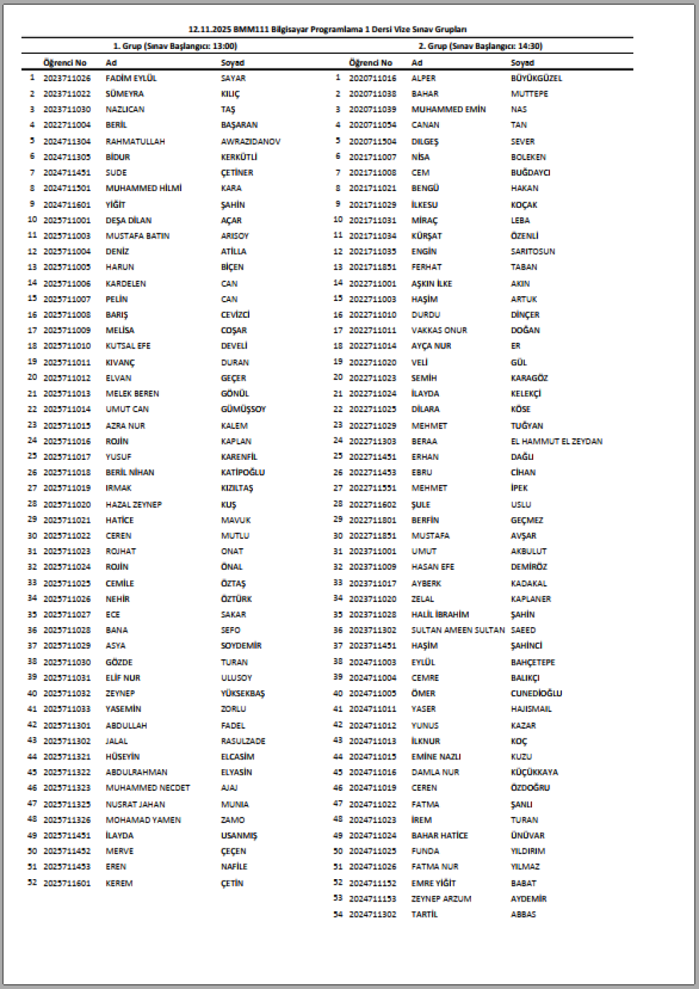 BMM111 - Bilgisayar Programlama1 Final Grupları