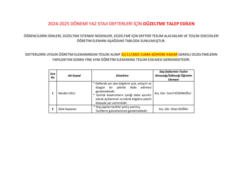 Staj Defterleri Düzeltme Alanlar Listesi